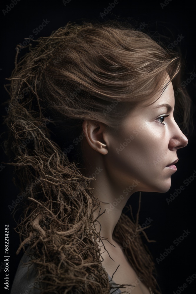 Portrait of Woman with dry hair turned into withered tree branches. Concept of damaged hair, loneliness and depression. Portrait of Woman with dry hair turned into withered tree branches. Concept of damaged hair, loneliness and depression.