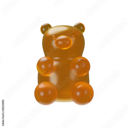 3D render orange gummy bear. Realistic gummyfied. Sweet Chewable supplements. Chewy delicious snack. Edible health candy. Vector illustration fruit dessert. menthol Gummy Form factor vitamins.