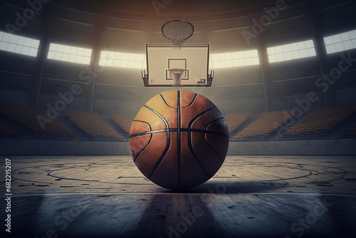 Basketball ball on the fllor of empty basketball arena. generati