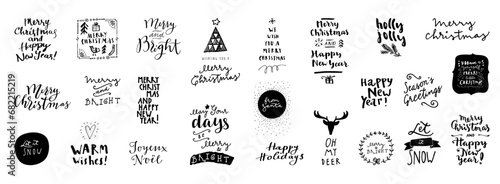 Merry Christmas, Happy New Year, Happy Holidays vector set of hand lettered badges, quotes, emblems. Calligraphy card, gift tag, postcard, poster and T-shirt design Xmas collection. Isolated overlays