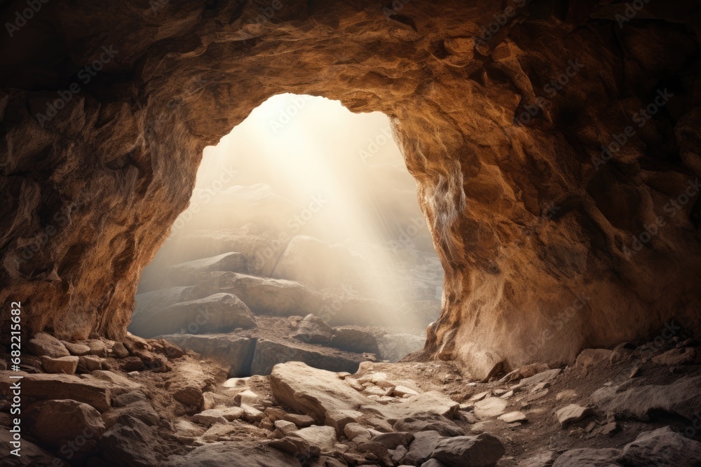 Obraz premium Easter Sunday concept: Jesus Christ is risen from tomb. View from empty cave on Calvary hill to Jerusalem. Christian Easter concept. Church worship, salvation concept