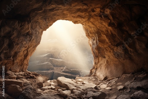 Easter Sunday concept: Jesus Christ is risen from tomb. View from empty cave on Calvary hill to Jerusalem. Christian Easter concept. Church worship, salvation concept photo