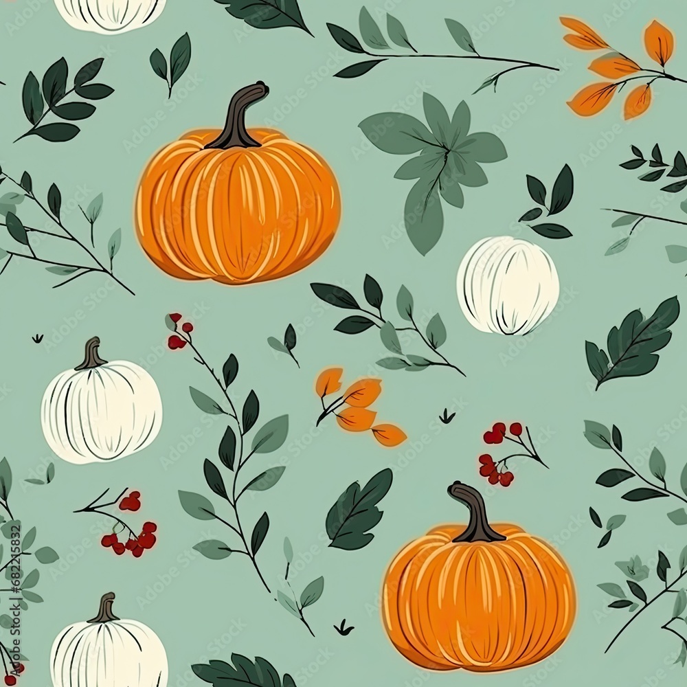 pumpkin fall pattern autumn leaves on pastel green background seamless pattern