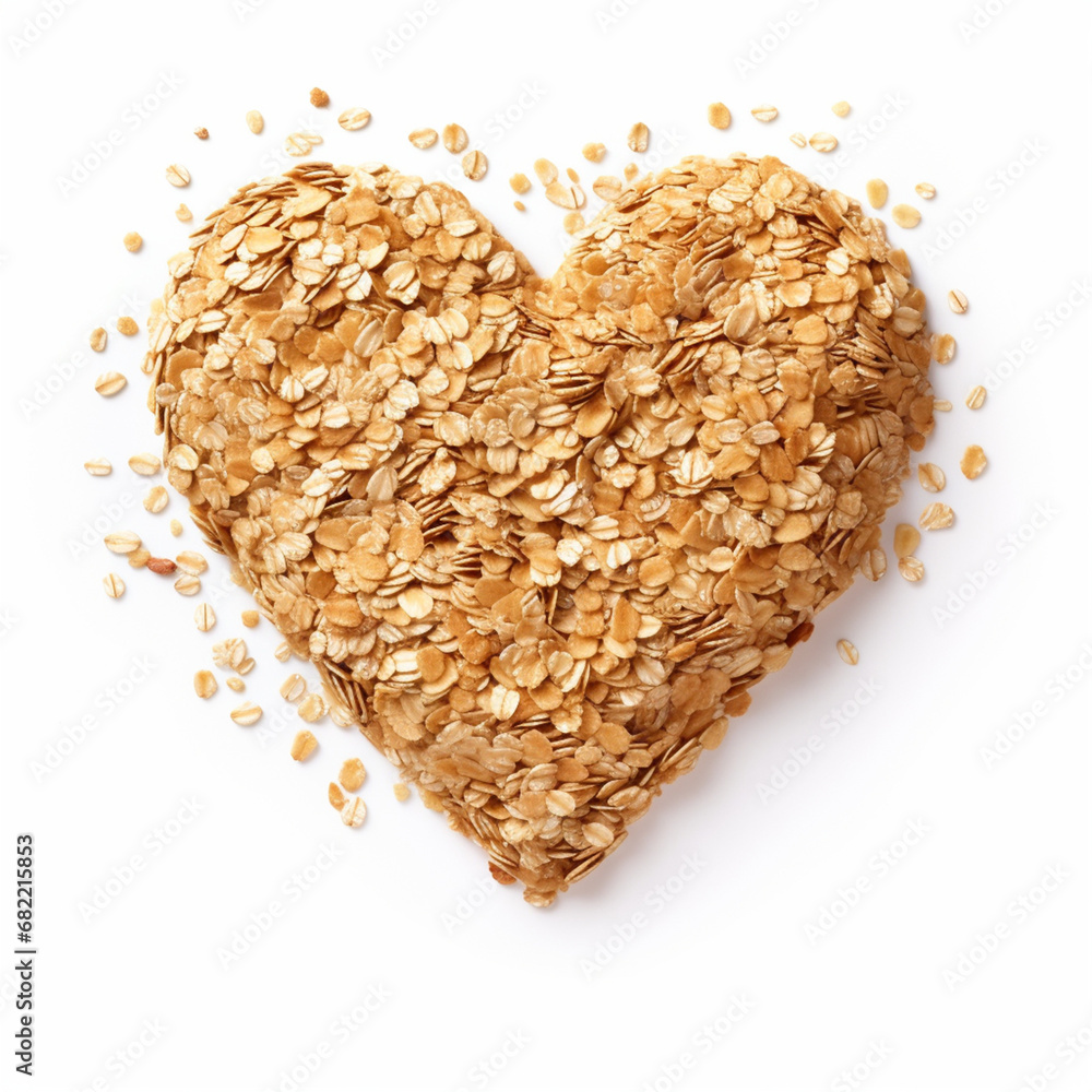 pile of muesli loosely shaped like heart on a white background created with Generative Ai pile of muesli loosely shaped like heart on a white background created with Generative Ai