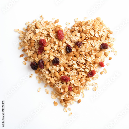 pile of muesli loosely shaped like heart on a white background created with Generative Ai