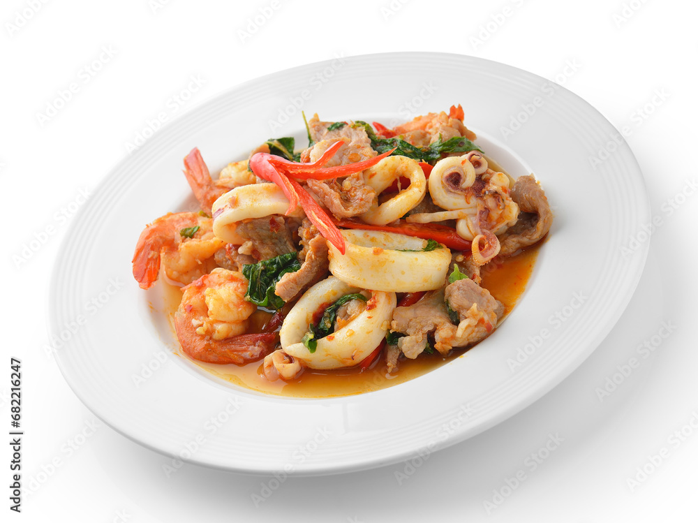 Thai Food Spicy Pork, shrimp, squid Curry