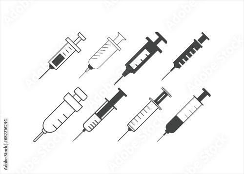 Syringe needle injection icons set design