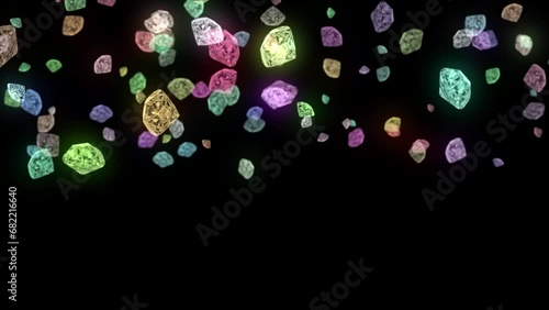 Colorful Glowing Diamond Falling On Black Background. Shiny Crystal Diamond Rain Falling Over Alpha Channel, Loop Animation Of Diamond Rain