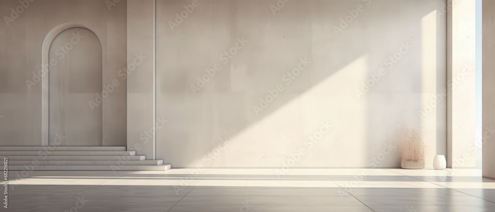 Obraz premium Contemporary beige interior mockup. spacious apartment. Textured concrete empty wall with overlay shadow effect. Empty podium, display, for product presentation. Minimal background. Generative ai.