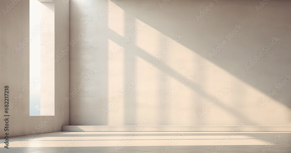 Fototapeta premium Contemporary beige interior mockup. spacious apartment. Textured concrete empty wall with overlay shadow effect. Empty podium, display, for product presentation. Minimal background. Generative ai.