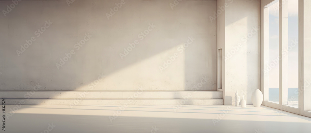 Fototapeta premium Futuristic beige interior mockup. Surreal view. Textured empty wall with overlay shadow effect. Empty podium, display, for product presentation. Minimal background. Generative ai.