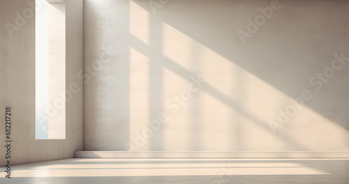 Contemporary beige interior mockup. spacious apartment. Textured concrete empty wall with overlay shadow effect. Empty podium, display, for product presentation. Minimal background. Generative ai.