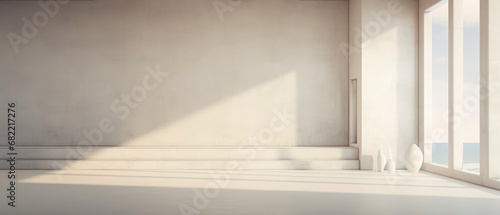 Futuristic beige interior mockup. Surreal view. Textured empty wall with overlay shadow effect. Empty podium, display, for product presentation. Minimal background. Generative ai. 