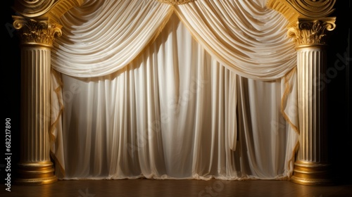 ローマ風の柱と白い舞台幕を背景にしたステージ photo