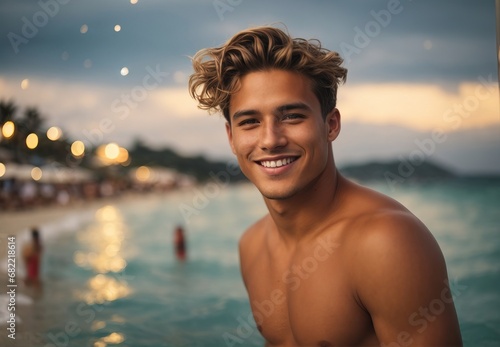 Western men shirless, smile, beach on the background