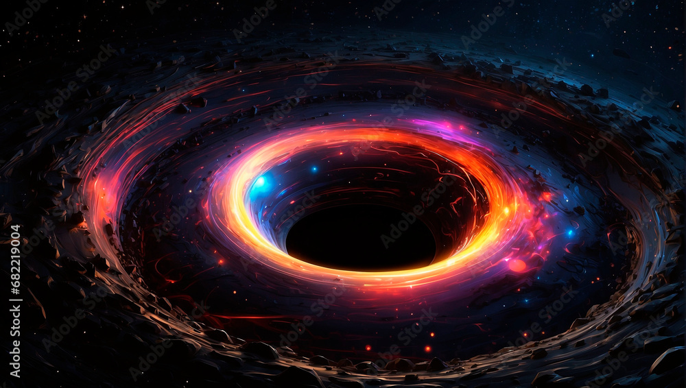 A mesmerizing swirl of a black hole in space sparkles with colored lights, evoking a mystical and awe-inspiring image that is simultaneously fascinating and intimidating. A mesmerizing swirl of a black hole in space sparkles with colored lights, evoking a mystical and awe-inspiring image that is simultaneously fascinating and intimidating.