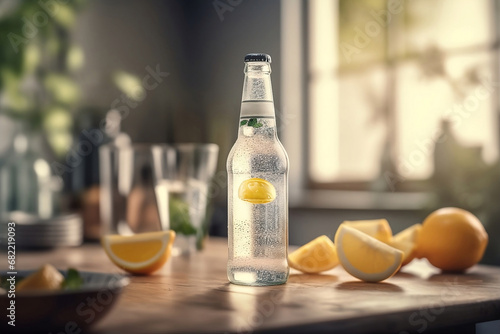 A traditional Italian limoncello bottle  often known as a lemon liqueur  against a hazy backdrop.