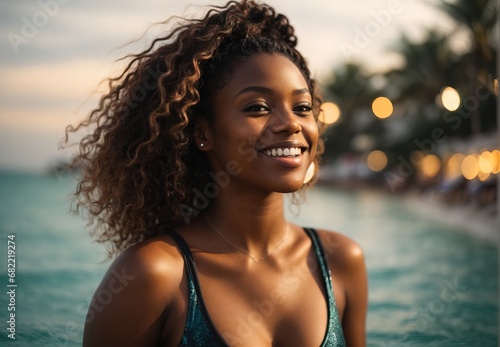 Black women wearing bikini, smile, beach on the background