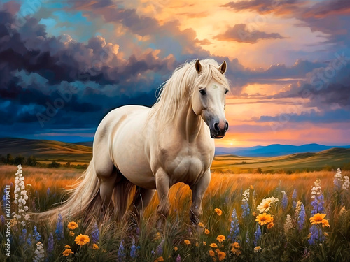 A snow-white horse with a flowing mane stands in a sunny field, its golden hair waving in the breeze. photo