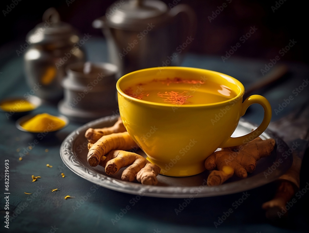 Cup of aromatic tea with spices. Cup of hot turmeric tea with cinnamon, ginger, and turmeric on a wooden table background. Cup of aromatic tea with spices. Cup of hot turmeric tea with cinnamon, ginger, and turmeric on a wooden table background.