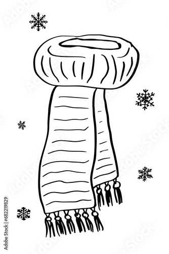 Knitted scarf. Hand drawn warm scarf with knitted patten. Doodle outline fashionable outwear clothes for cozy fall or winter poster, market, online shop, season sale designs.