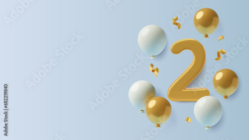 2 years birthday and second anniversary 3D background with big gold number two, flying balloons, curly ribbons and copy space. Realistic three dimensional vector illustration.