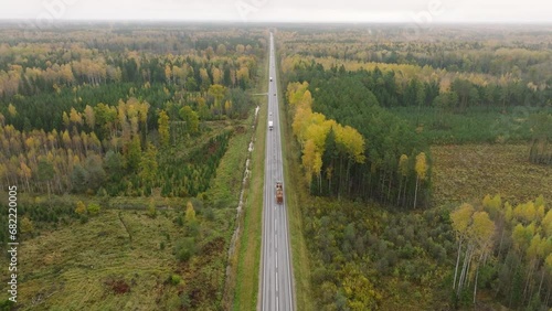 Establishing aerial view of the autumn forest, yellow leaves on trees, idyllic nature scene of leaf fall, autumn morning, highway with cars, wide drone shot moving forward, tilt down photo