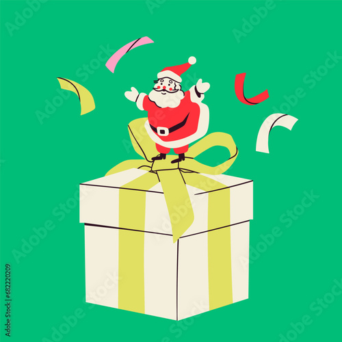 Little Santa Claus standing on a big Christmas gift box. Hand drawn modern Vector illustration. Isolated design element. Party decoration, present, postcard, New Year celebration, invitation concept