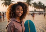 Black woman in surfing suit, surfing ads, beach on the background