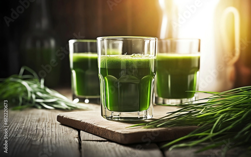 Wheatgrass juice on a blurred background. A healthy drink that can be healthy and function as a detox in the body. photo