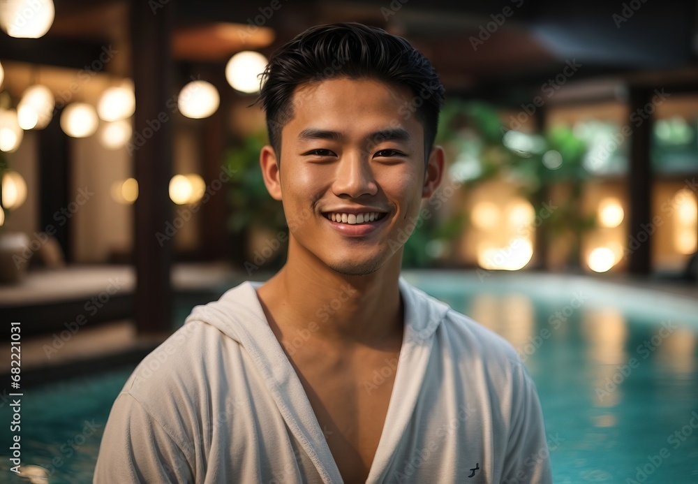 Men wearing spa costume, hot pool and spa massage place on the background