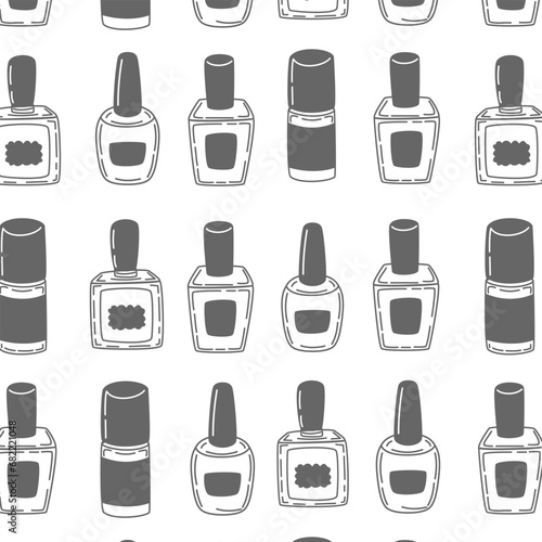 Seamless pattern with bottles of nail polish silhuette on white background. Seamless print vector for packaging, wrapping.