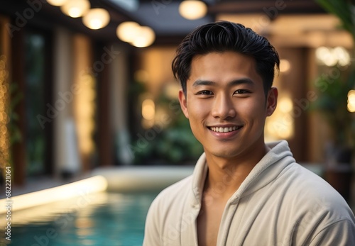 Men wearing spa costume, hot pool and spa massage place on the background photo