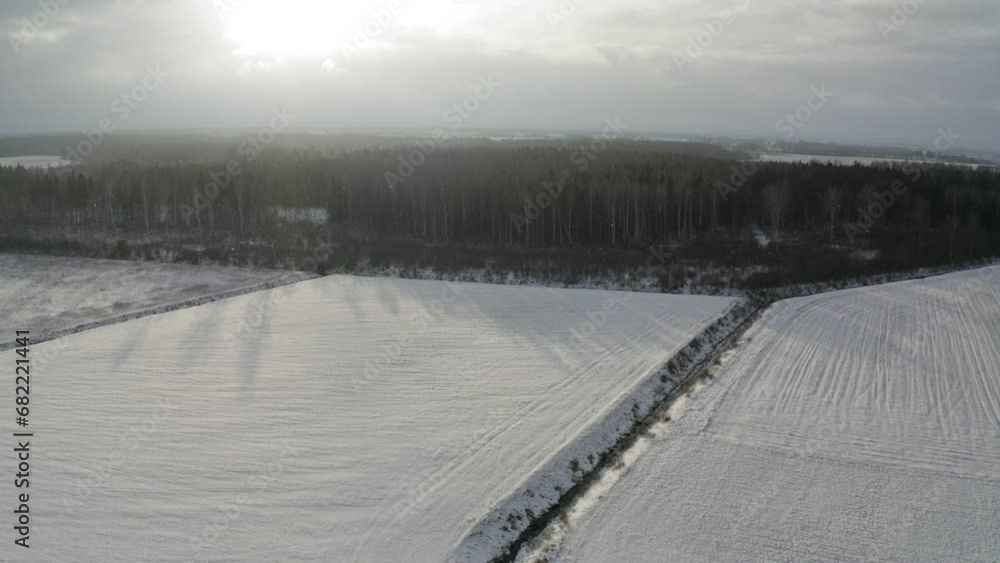 Aerial flight view on snow covered fields, forest through snow storm with sun Aerial flight view on snow covered fields, forest through snow storm with sun