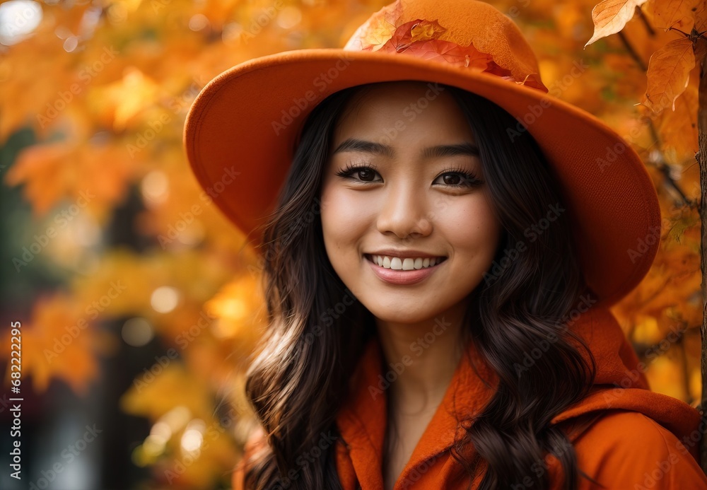 Woman in autumn season, wearing orange costume theme and hat, autumn leaf and tree decoration on the background Woman in autumn season, wearing orange costume theme and hat, autumn leaf and tree decoration on the background