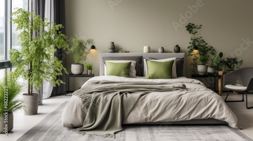 Scandinavian interior design of modern bedroom with little green trees