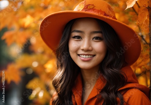 Woman in autumn season, wearing orange costume theme and hat, autumn leaf and tree decoration on the background