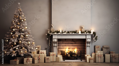 Christmas decoration with fireplace, Christmas tree, gifts, socks, lights, candles... Christmas decorated home. Christmas interior decoration. 
