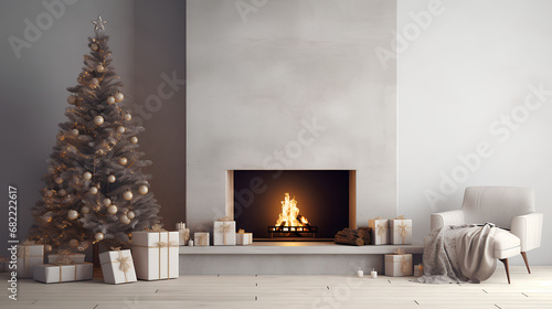 Christmas decoration with fireplace, Christmas tree, gifts, socks, lights, candles... Christmas decorated home. Christmas interior decoration.
