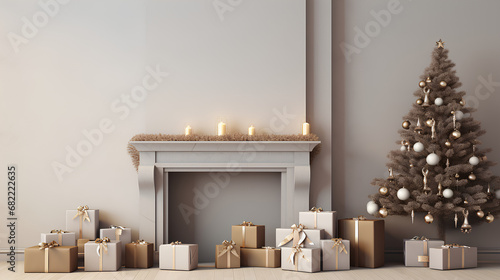 Christmas decoration with fireplace  Christmas tree  gifts  socks  lights  candles... Christmas decorated home. Christmas interior decoration. 