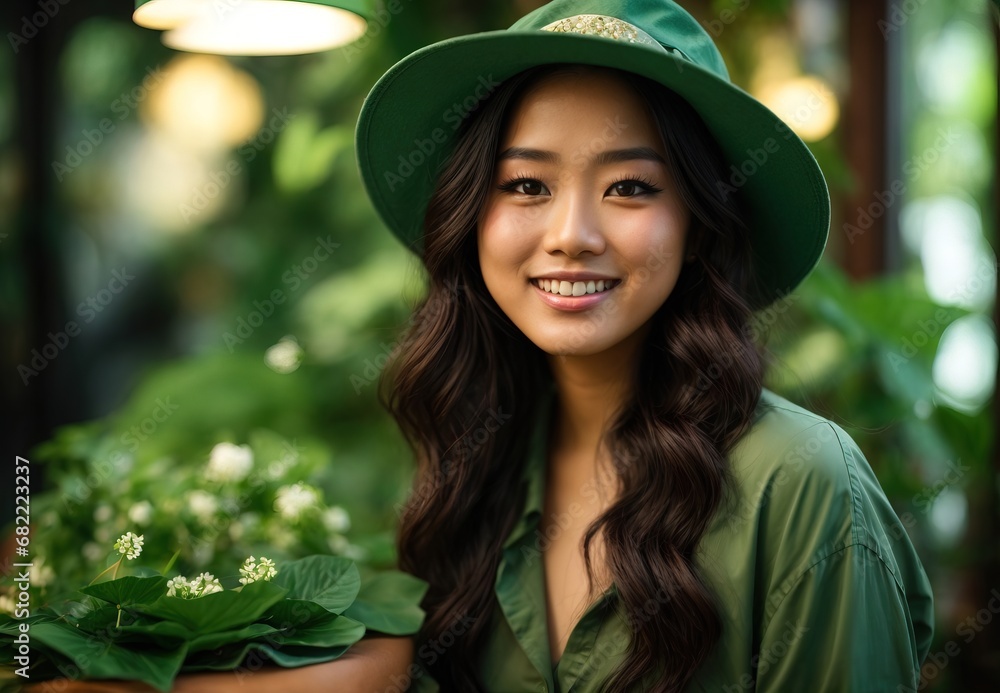 Women wearing green theme costume and hat, leaf and tree on the background