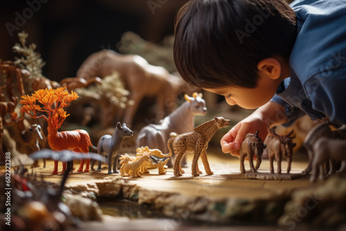 Boy playing with animal figurines. The concept is imaginative play and learning. photo