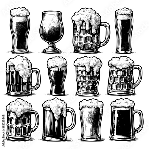 Vector set of beer glasses and mugs in ink hand drawn style. isolated on white.