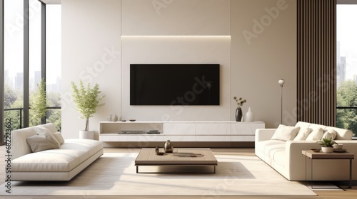 White sofa and big tv unit in spacious room. Luxury home interior design of modern living room © khwanchai