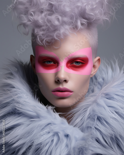 Male model with gray hairstyle and pink red make-up around eyes