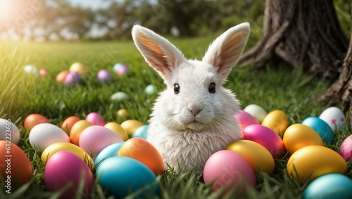 a white fluffy rabbit is sitting in the grass with colorful Easter eggs