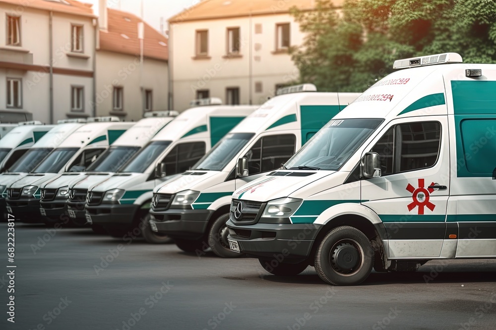 Fototapeta premium Ambulance cars in a row on a parking. generative ai