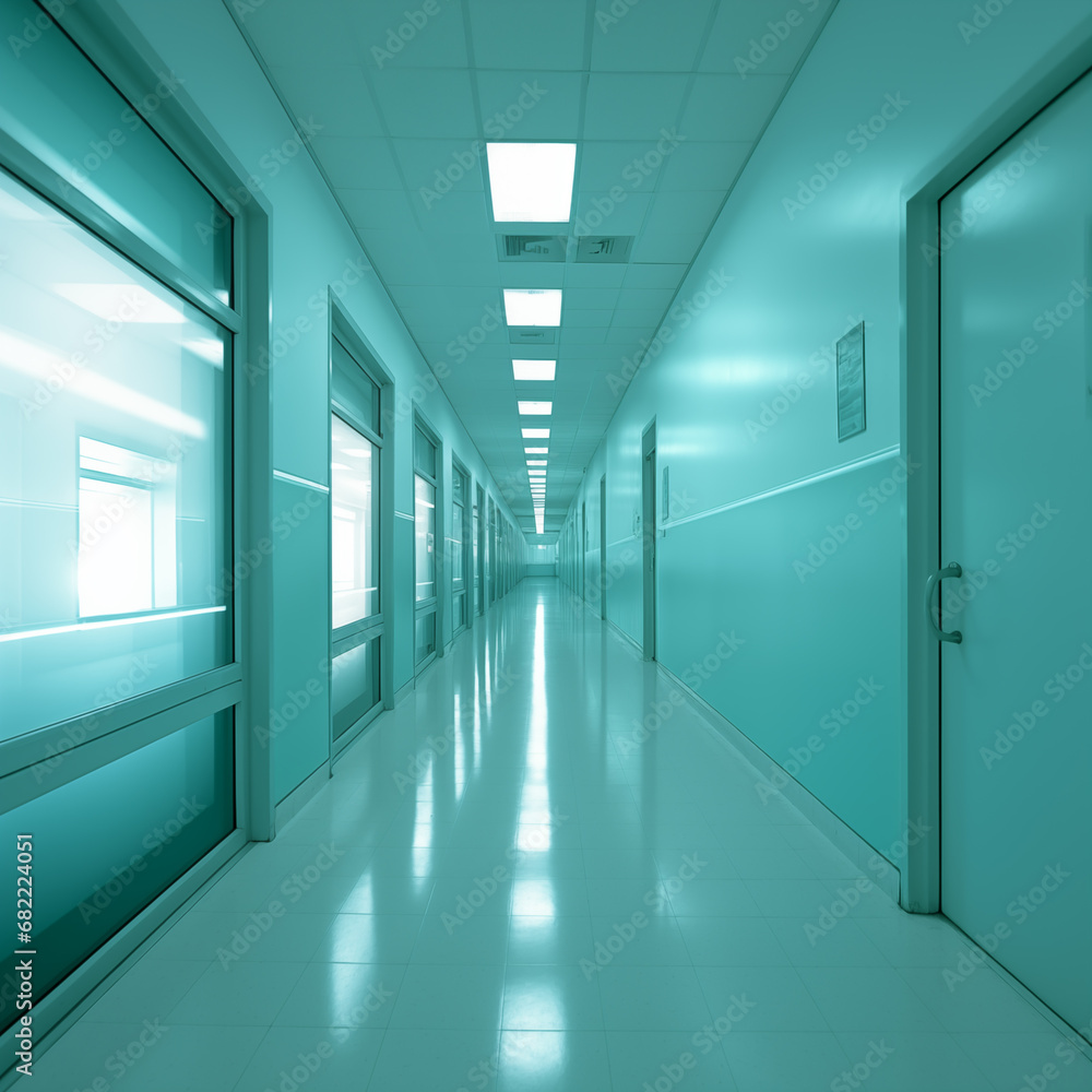 Light  hall of a hospital or clinic  or medical institution with panoramic windows and a perspective view. Long corridor background