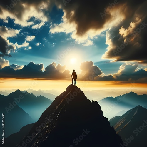 Silhouette of a person standing on the top of a mountain