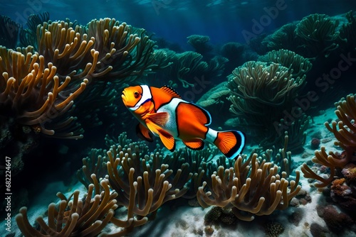 A vibrant clownfish, adorned with bright orange and white stripes © Rao
